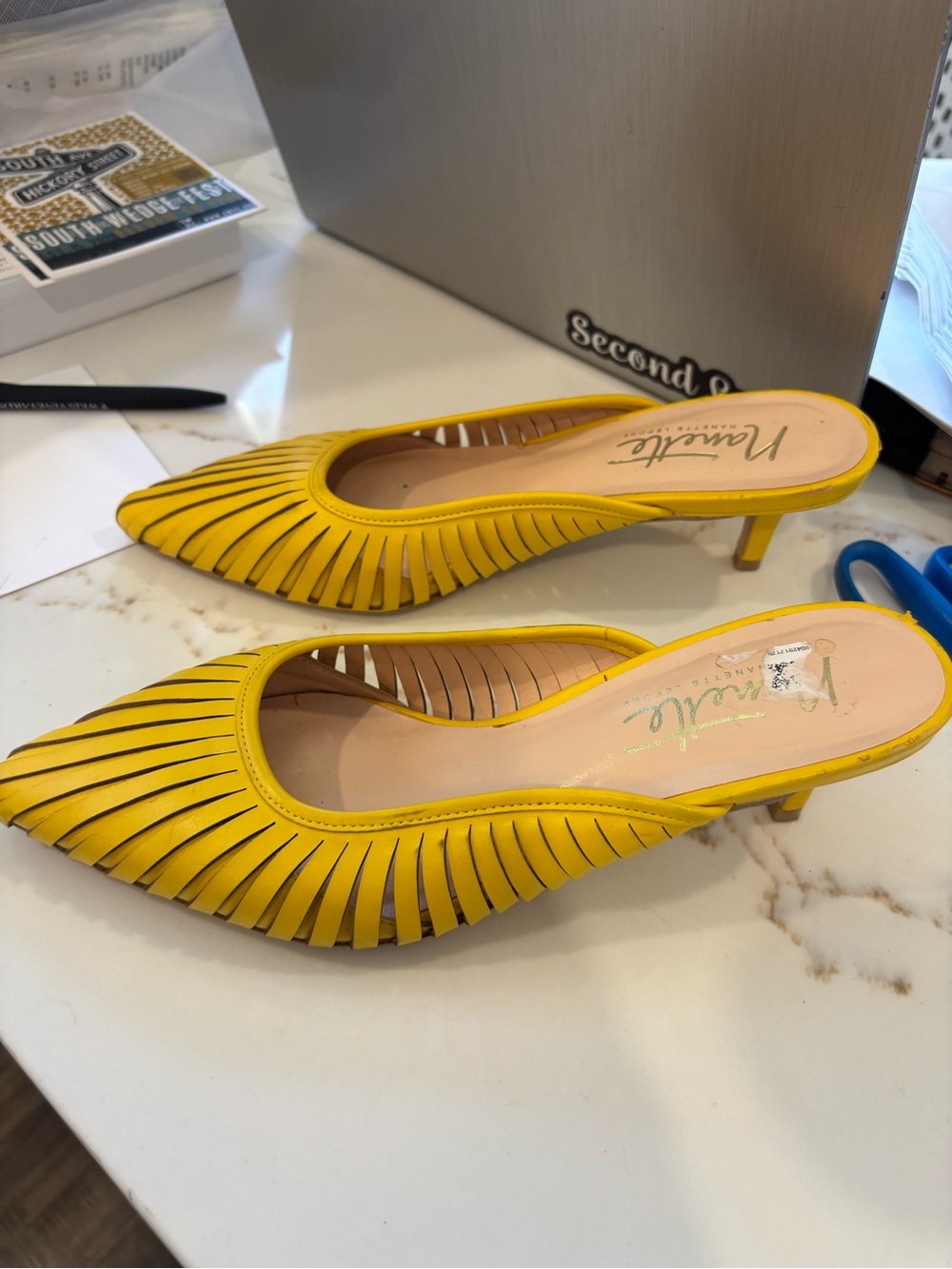 Nannette Yellow Strappy Pointed Kitten-Heel Mules